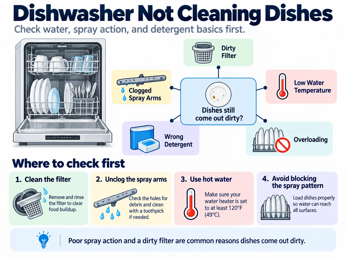 Dishwasher not cleaning dishes troubleshooting diagram showing filter, spray arms, water temperature and loading problems
