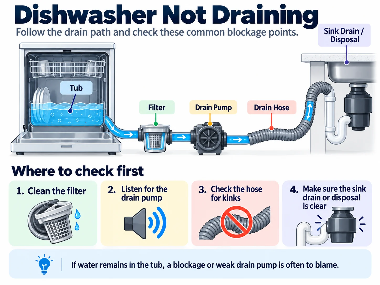 Dishwasher not draining diagram showing tub, filter, drain pump, drain hose and sink drain