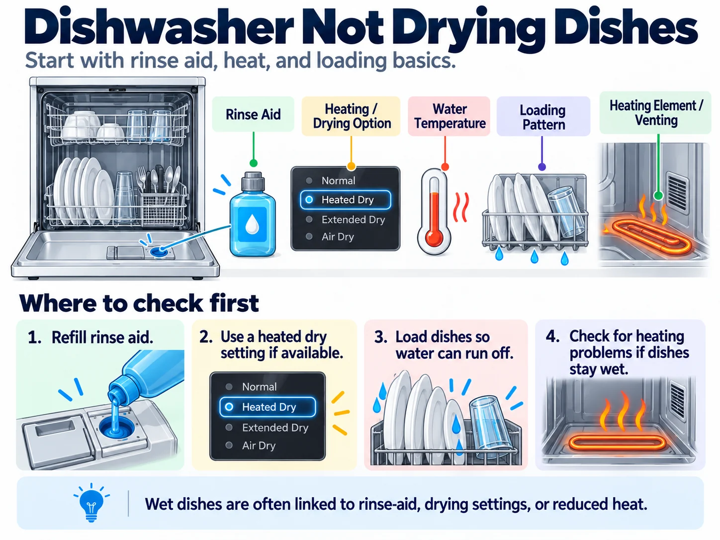 Dishwasher not drying dishes troubleshooting diagram showing rinse aid, heated dry setting, water temperature, loading pattern, and heating element or venting