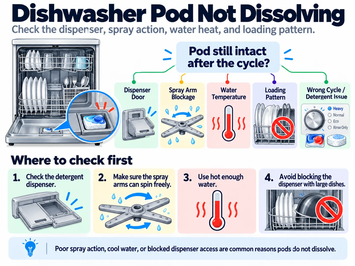 Dishwasher pod not dissolving troubleshooting diagram showing dispenser door, spray arm blockage, water temperature, loading pattern, and wrong cycle or detergent issues