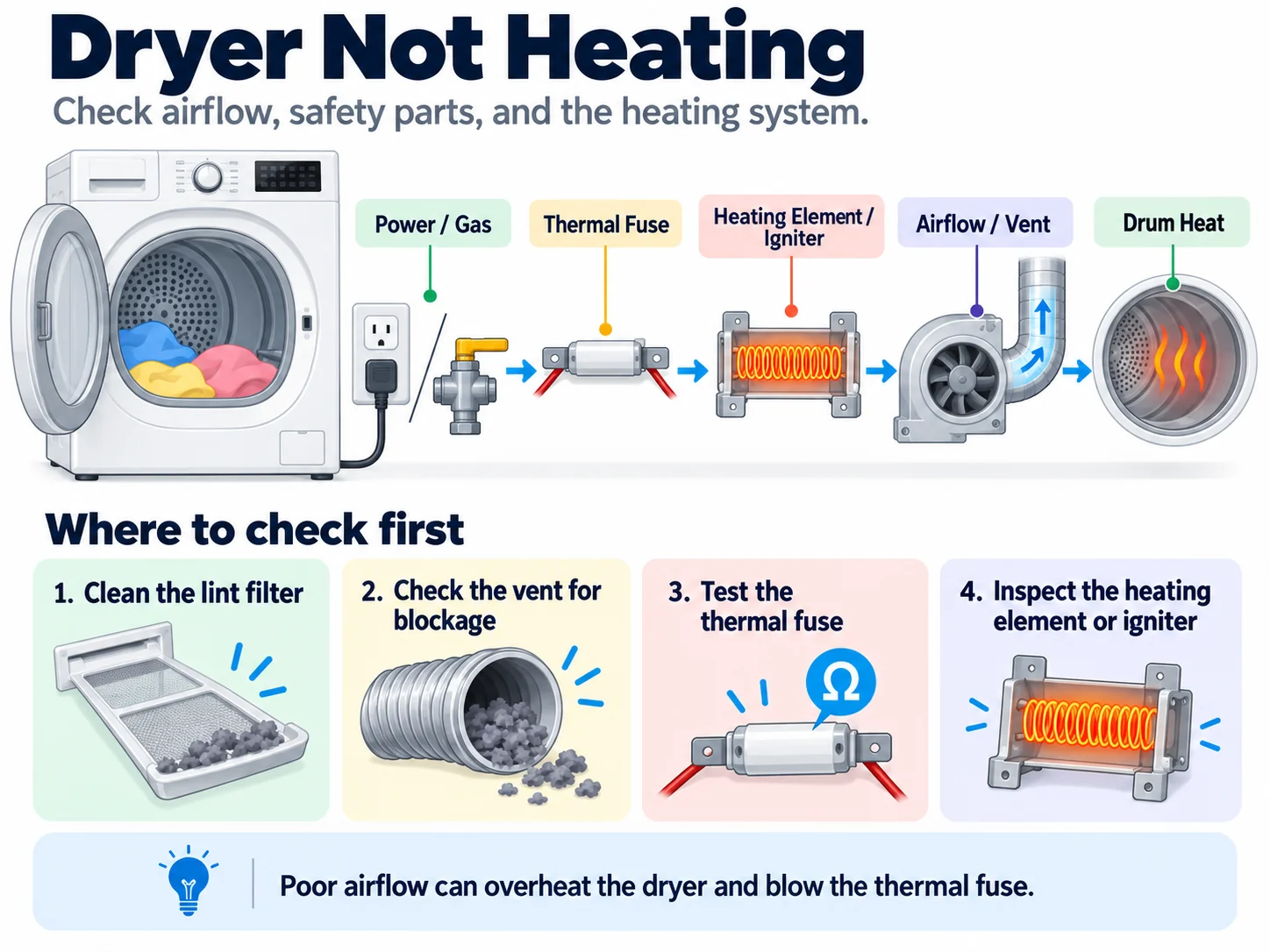 Dryer not heating troubleshooting diagram showing airflow, thermal fuse and heating system checks