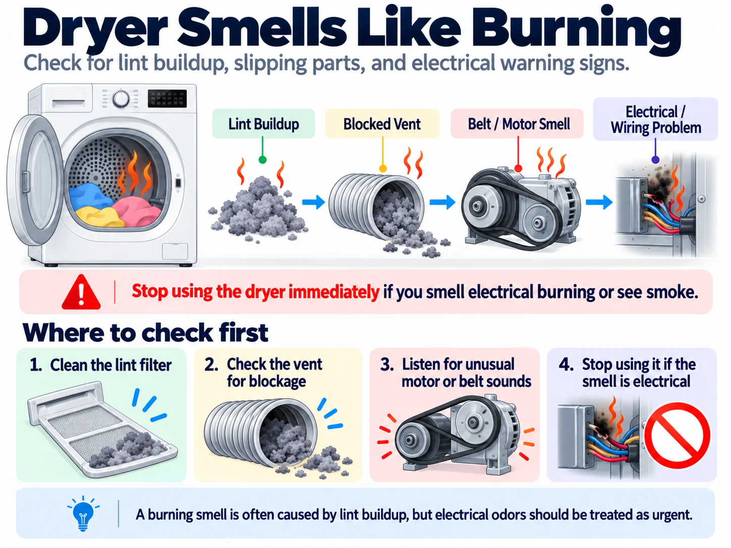 Dryer smells like burning troubleshooting diagram showing lint buildup, blocked vent, motor or belt smell, and electrical wiring problems