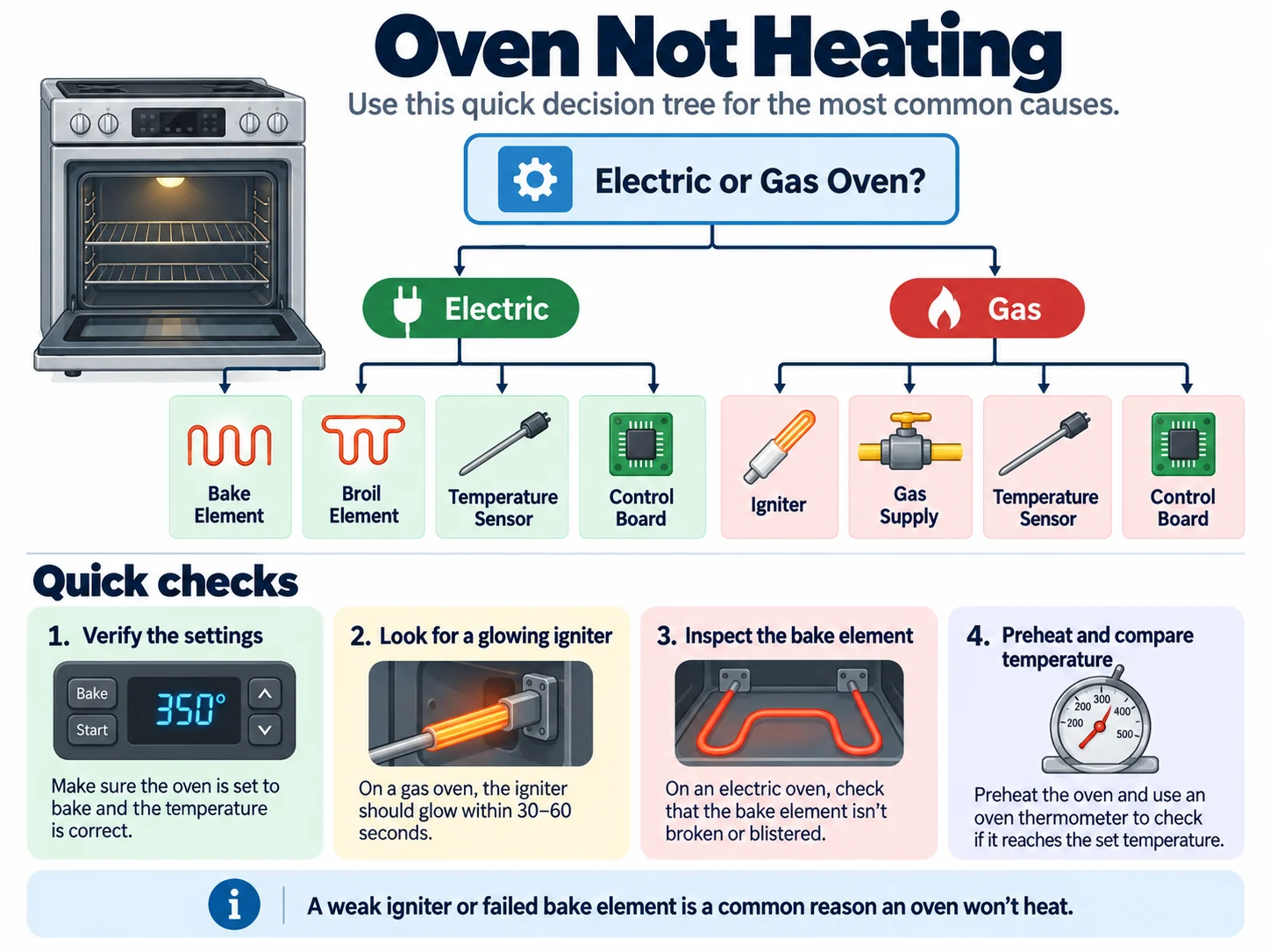 Oven not heating troubleshooting flowchart for electric and gas ovens