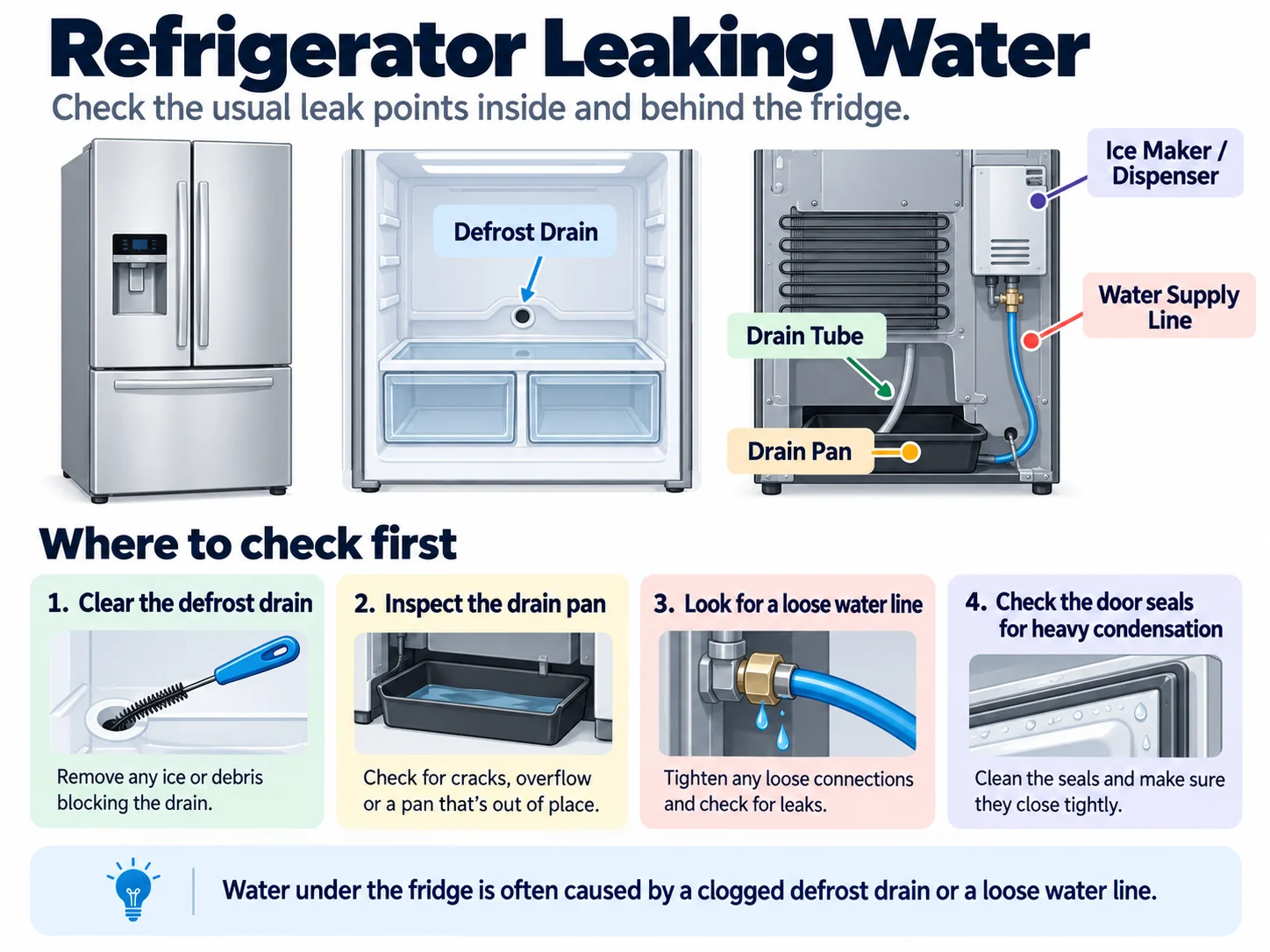 Refrigerator leaking water diagram showing defrost drain, drain pan, water line and ice maker leak points