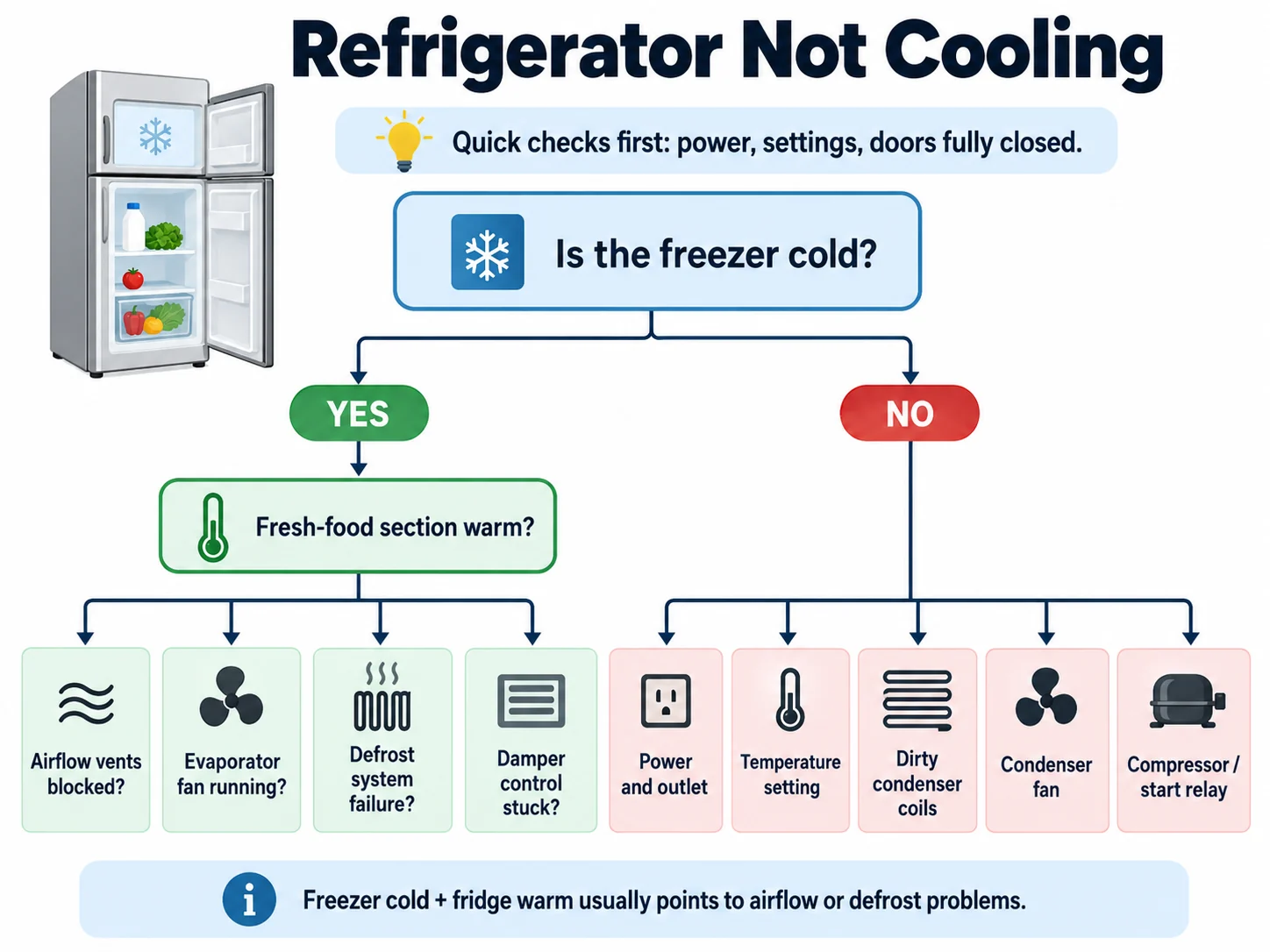 Refrigerator not cooling troubleshooting flowchart with freezer cold decision tree