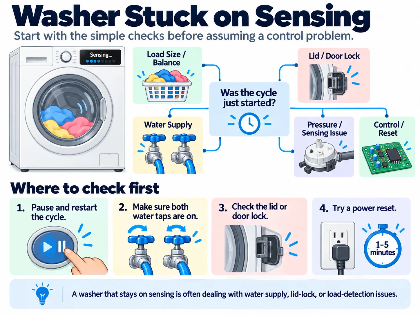 Washer stuck on sensing troubleshooting diagram showing load balance, water supply, lid lock, pressure sensing, and control reset